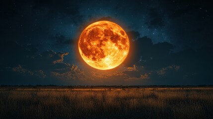 Fototapeta premium Blood moon over a field at night