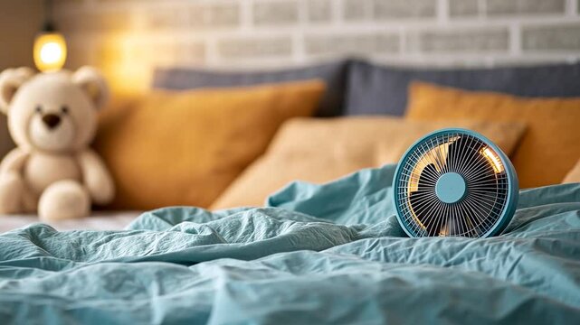 Cozy bedroom scene with a portable fan on a rumpled blanket, teddy bear in the background
