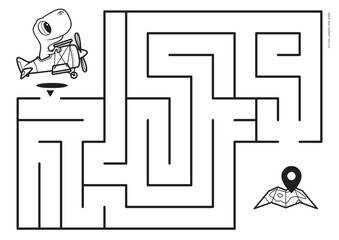 Vector black lines for printable maze. A4 format. Coloring book educational maze with a little dinosaur flying by plane looking for a map. Size landscape.