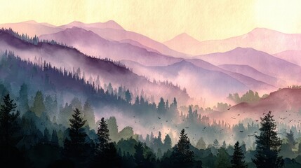 Obraz premium Watercolor of landscape forest misty mountains horizon and fog and hills,pine tree fir tree,Autumn forest background,drawn by hand,Autumn illustration design elements for landscape,wallpaper.
