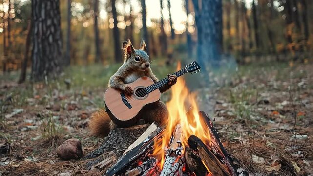Squirrel playing acoustic guitar by a warm campfire in an autumn forest setting, sitting atop a wood stump, concept image