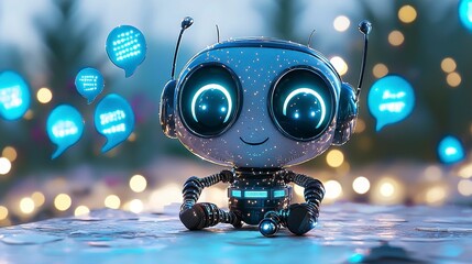 Cute Robot Character with Glowing Features and Speech Bubbles