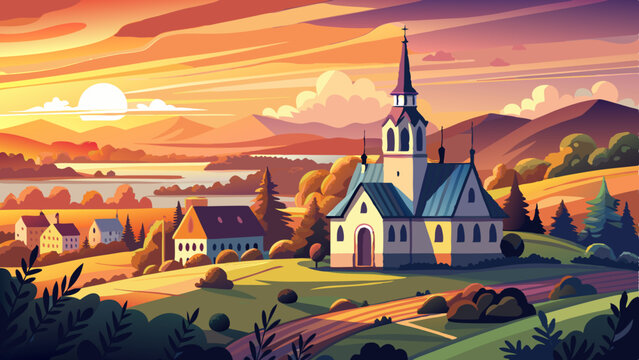 Gorgeous summer sunset on Stanislawa Kostki Catholic church. Stunning evening cityscape of Karnice village, Gryfice County, West Pomerania, Poland, Europe. Traveling concept background.
