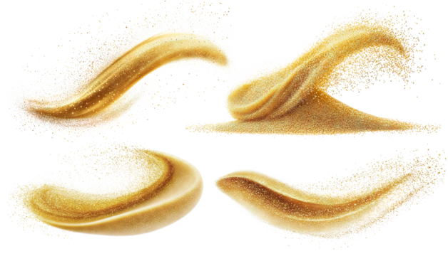 Set of golden sand splashes in dynamic motion, isolated on transparent cutout background