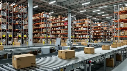 Boxes on conveyor belts in a warehouse with shelves filled with goods and bright overhead lighting - Powered by Adobe