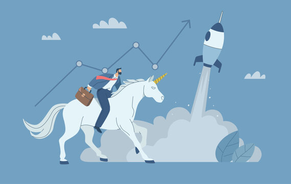 Businessman riding unicorn running soaring with rocket launcher, Business startup concept, Success symbol, Flat vector design illustration.