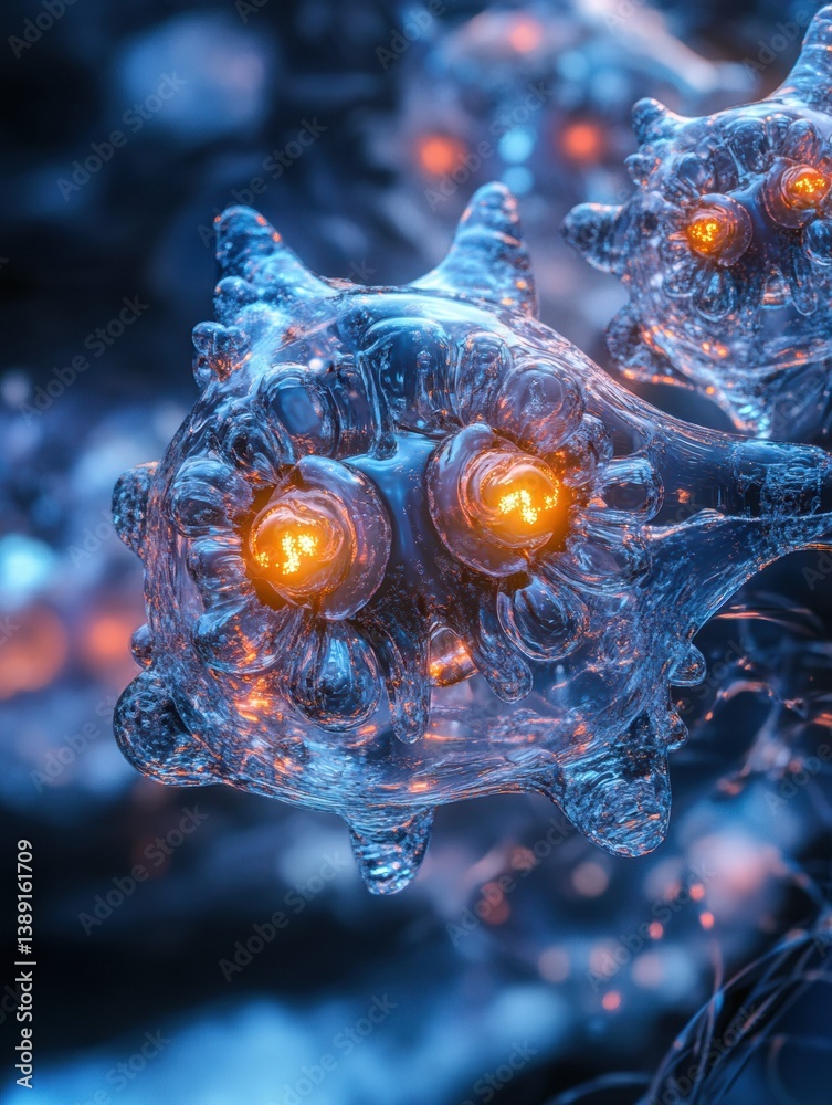 Aufkleber exploration of adeno-associated virus capsid structure in incredible detail with glowing features in