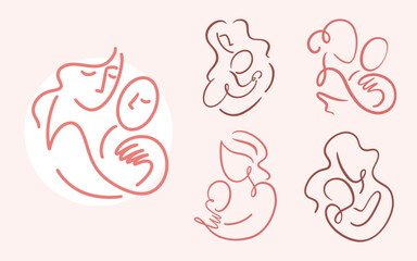 Mother and Baby One Line Art Drawing Breastfeeding