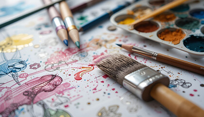 Obraz premium Paint brush, pencils, drawings and color palette on a white background