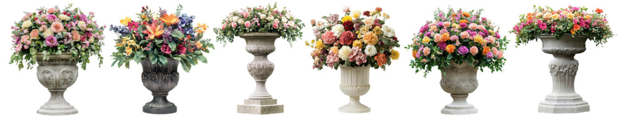 Obraz premium Set of beautiful floral arrangements in classic stone urns, isolated on transparent cutout