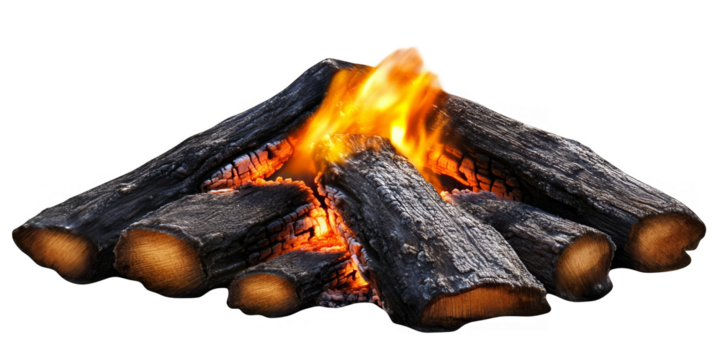 Burning Fire Illustration: Orange Flames And Black Wood Against Transparent Background