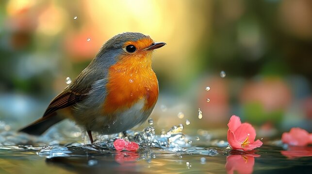 Robin splashing in shallow water with rose petals. Soft, blurred background