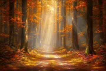 Autumn forest path, sunlight beams