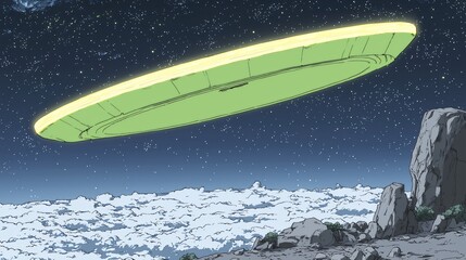 Unidentified green saucer hovers over cloudy landscape, with stars in the sky