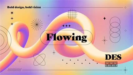 Grain textured cool gradient background with geometric shapes. Fluid holographic gradient poster for wall art or social media cover. Modern wallpaper design template, brutalism inspired. Vector