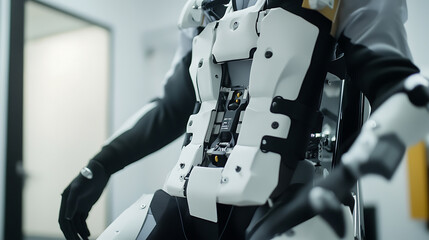 A robotic arm assembling an AI powered exoskeleton for physical rehabilitation, in a cutting-edge medical technology lab with real-time muscle feedback, Biomedical innovation style