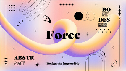 Grain textured cool gradient background with geometric shapes. Fluid holographic gradient poster for wall art or social media cover. Modern wallpaper design template, brutalism inspired. Vector