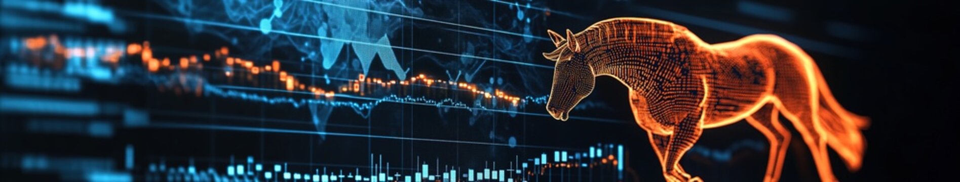 Dynamic 3D Financial Growth Chart with Galloping Horse: Blue Abstract Background for Business Marketing. Creative Visualization of Economic Progress and Investment Trends in Year of the Horse