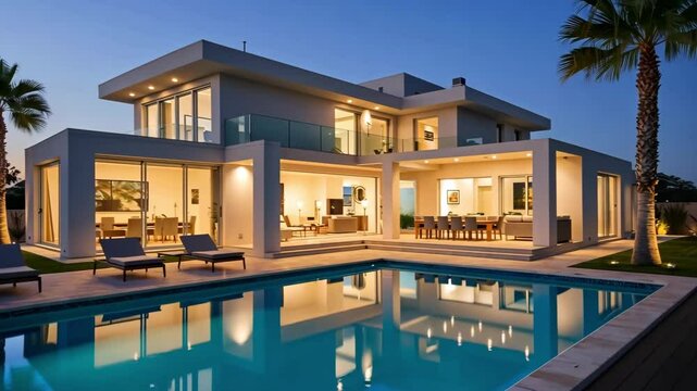 Modern house with pool and palm trees at dusk showcasing luxury architecture and outdoor living space