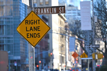 Right Lane Ends old traffic sign in Manhattan