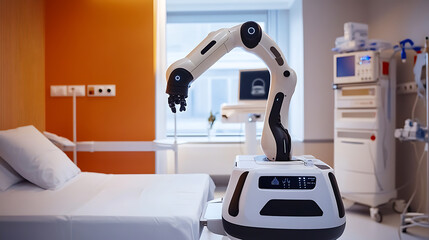 A robotic arm assembling an AI powered healthcare robot for elderly assistance in a healthcare lab, surrounded by patient data and caregiving algorithms, Senior care technology style
