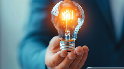 A business professional holding a glowing light bulb, symbolizing innovation and creative ideas in a corporate environment.