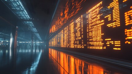 Futuristic train station with glowing digital displays
