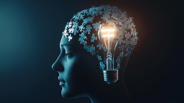 Profile of a person with puzzle pieces and a lightbulb representing ideas and creativity on a dark background