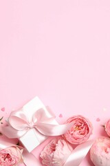 Beautiful pink peony roses and gift box on a color background