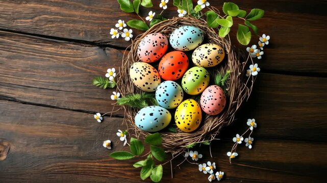Colorful speckled Easter eggs nestled in a bird's nest with tiny white flowers on a rustic wooden table, perfect for springtime
