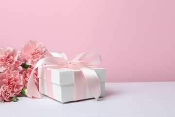 Happy Mother's Day. Beautiful bouquet of pink carnations with gift box 