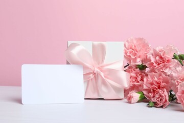 Happy Mother's Day. Beautiful bouquet of pink carnations with gift box and white paper card on bicolor background