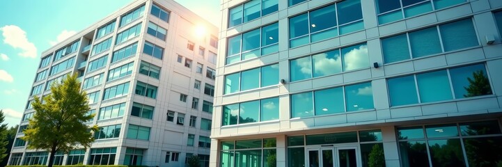 Fototapeta premium Close-up view of office building with many closed windows on a sunny day, cityscape, architecture