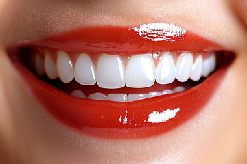 A close-up of a bright smile featuring white teeth and vibrant red lipstick, conveying joy and confidence.