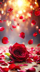 Red Rose Petals Falling on Abstract Floral Background – Romantic Greeting Card Design