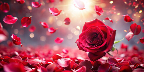Red Rose Petals Falling on Abstract Floral Background – Romantic Greeting Card Design