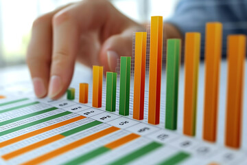 A close-up of a hand analyzing colorful bar graphs, representing financial growth and data analysis in a professional setting.