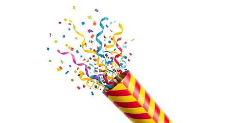 Exploding party popper with vibrant confetti and swirling streamers.