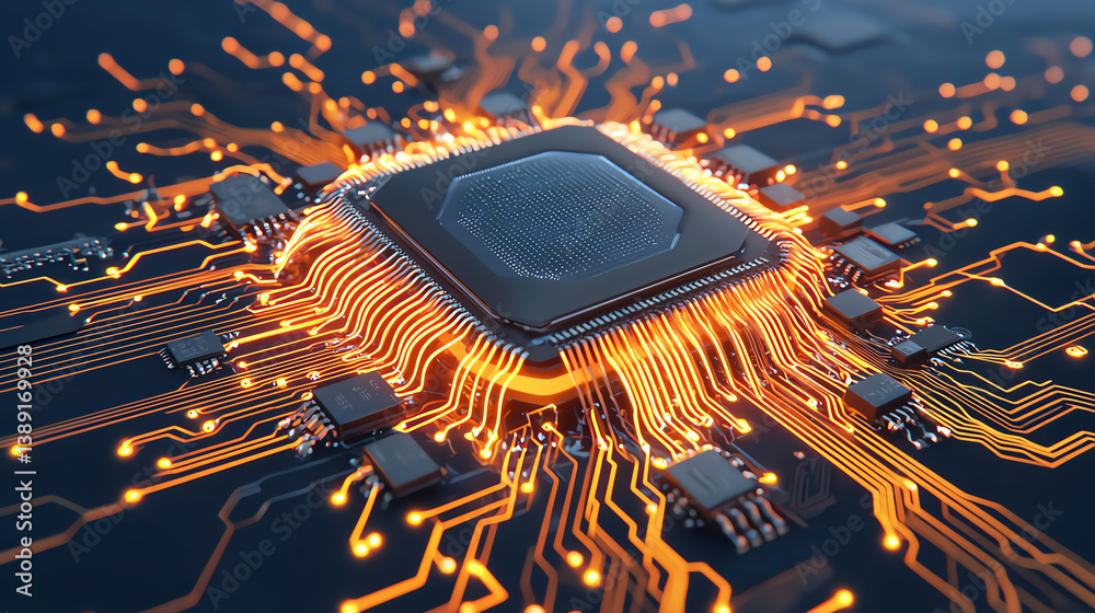 Poster a close-up of a microchip with glowing circuits, symbolizing the marvels of modern technology and in