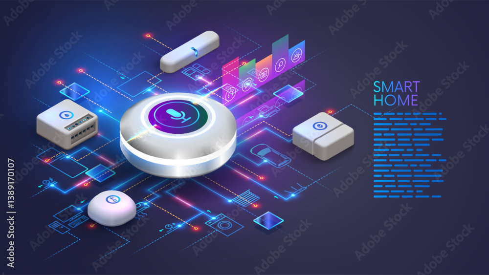 Leinwandbilder Smart home system customization voice control via smart speaker. Design IOT smart home system. Creation scenarios of control smart home devices. AI bot speaker controls devices via voice control.
