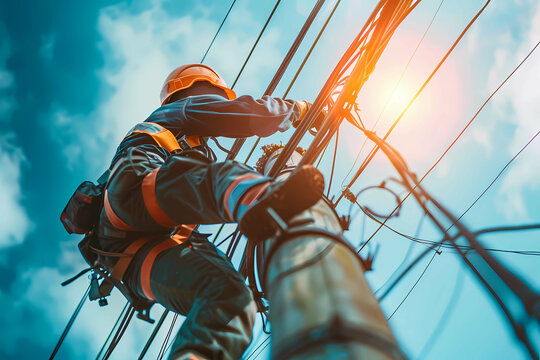 Electrical lineman working on power pole in sunlight