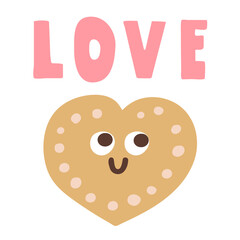 Heart cookie Illustration. Cute character. Inscription - love. Flat vector graphic design.