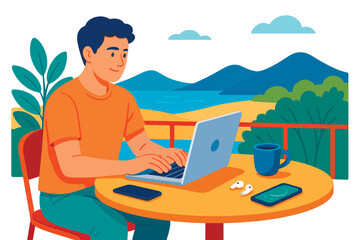A colorful vector illustration of a young man working on his laptop at a terrace overlooking distant mountains and water. Isolated design on white background.