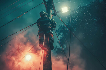 Fototapeta na wymiar Electrical lineman working at night in storm