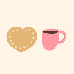 Heart cookie and cup of coffee. Hand drawn illustration. Flat vector graphic design.