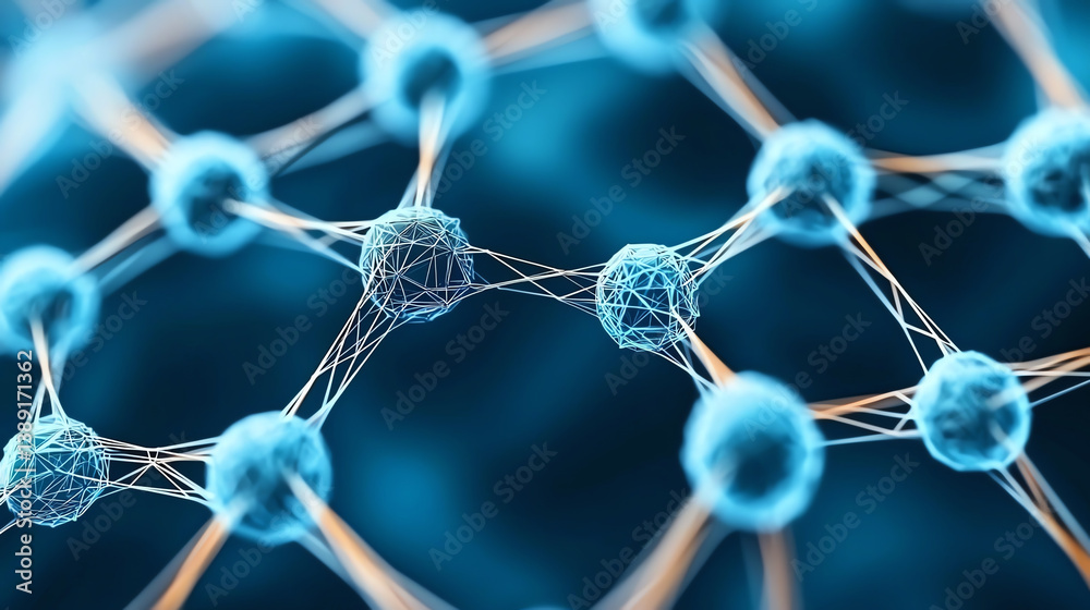 Poster a close-up view of interconnected blue molecules showcasing the complex structure of scientific rese