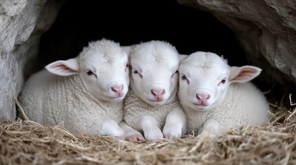 Fototapeta premium Three adorable, fluffy, white lambs nestled together in a cave-like shelter, basking in the warmth of straw