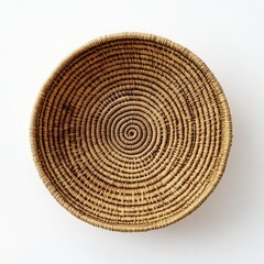 Handmade circular basket with intricate woven pattern isolated on white background