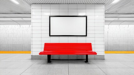A vibrant red bench stands against a clean, tiled subway wall, complemented by a blank frame above, creating a modern, minimalist aesthetic.