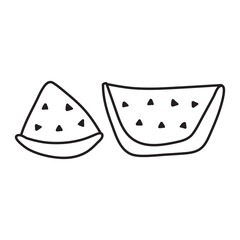 Two slices of watermelons. Outline vector hand drawn illustration on white background.